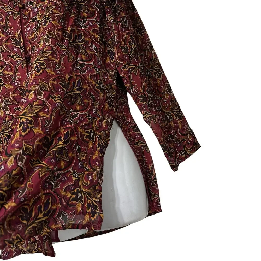 vintage silk boutique red gold floral side slit button up blouse Size S